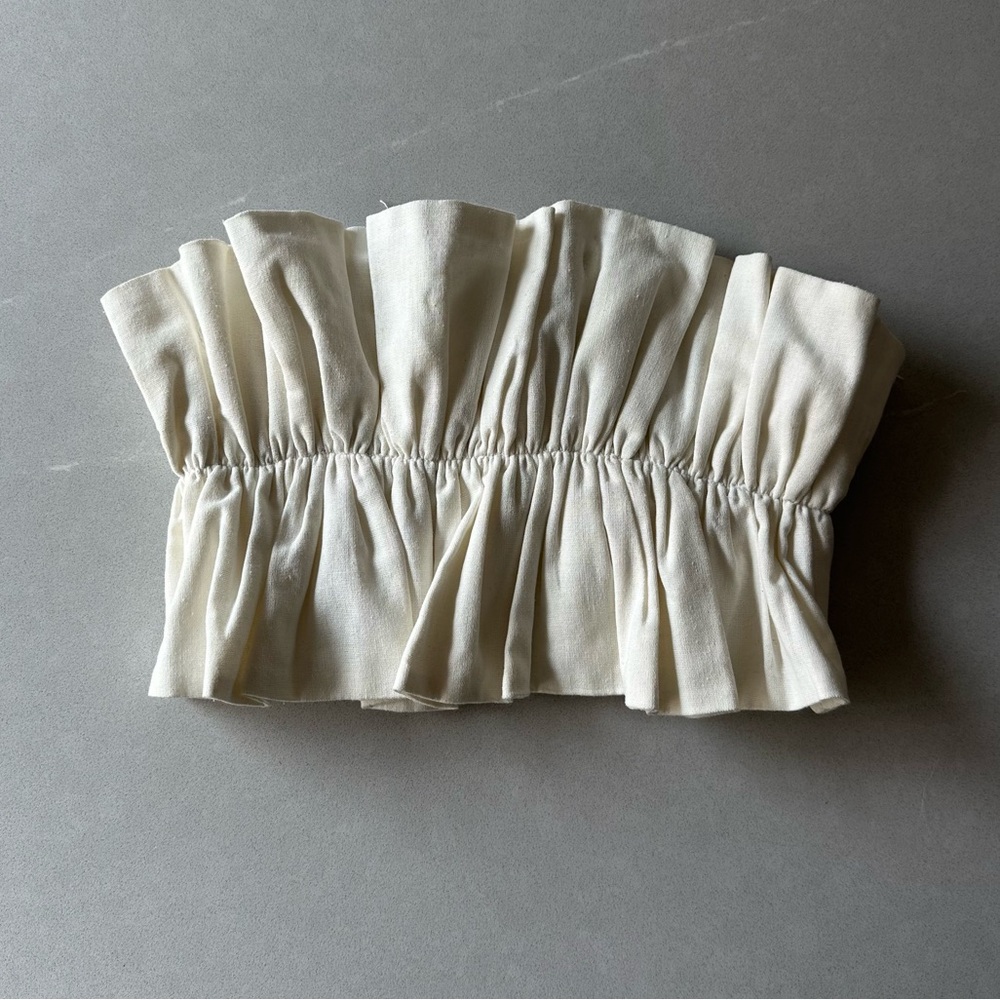 Linen Ruffle Crop Top | Tie Back | Off White | Size Small